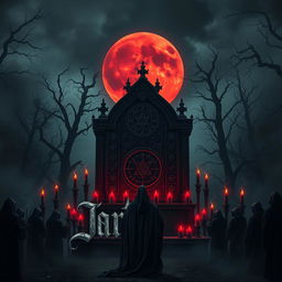 An evocative album cover design for dark demonic ritual music, featuring a chilling and immersive scene