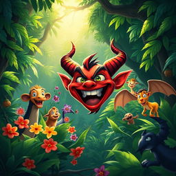 A colorful 2D animation style depicting a mischievous demon laughing joyfully in a vibrant jungle setting