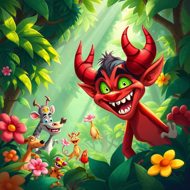 A colorful 2D animation style depicting a mischievous demon laughing joyfully in a vibrant jungle setting