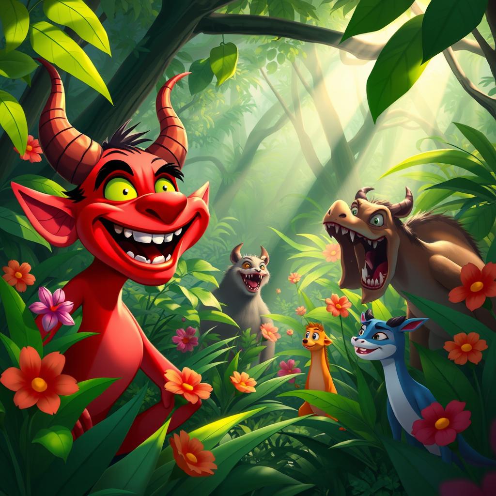 A colorful 2D animation style depicting a mischievous demon laughing joyfully in a vibrant jungle setting