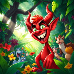 A colorful 2D animation style depicting a mischievous demon laughing joyfully in a vibrant jungle setting
