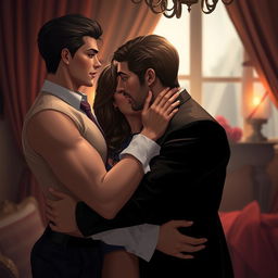 A sensual and intimate scene featuring adult characters in a romantic setting, emphasizing passion and allure, with soft lighting that enhances the mood