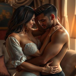 A sensual and intimate scene featuring adult characters in a romantic setting, emphasizing passion and allure, with soft lighting that enhances the mood