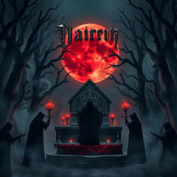 An atmospheric album cover design for dark demonic ritual music, featuring a haunting and mystical scene