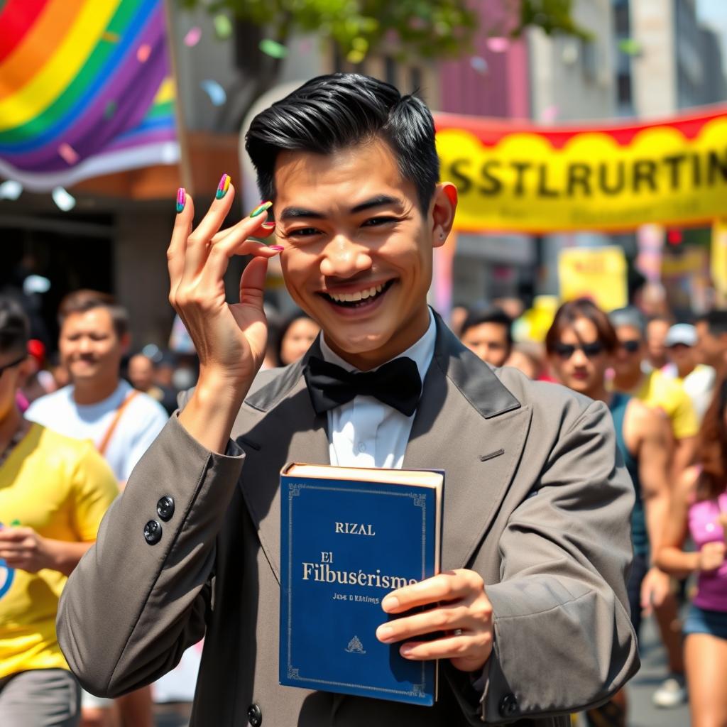 A modern depiction of José Rizal participating in a pride march in the Philippines, showcasing a twink-like build