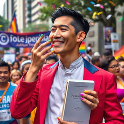 A modern depiction of José Rizal participating in a pride march in the Philippines, showcasing a twink-like build