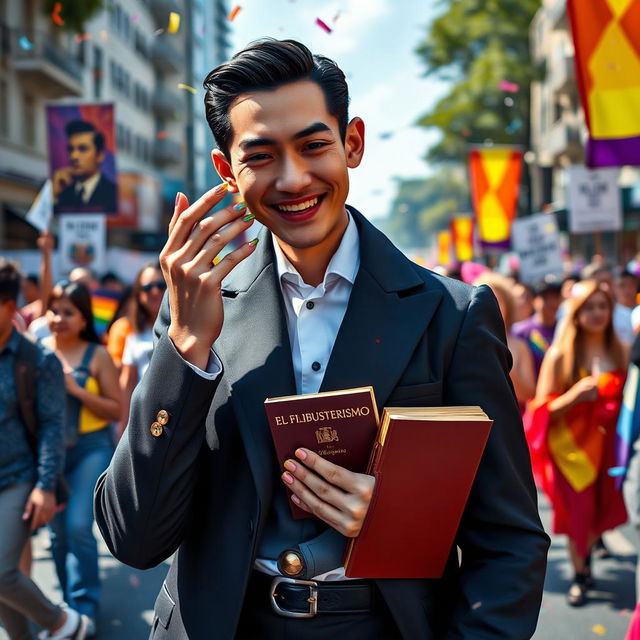 A modern depiction of José Rizal participating in a pride march in the Philippines, showcasing a twink-like build