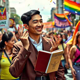 A modern depiction of José Rizal participating in a pride march in the Philippines, showcasing a twink-like build