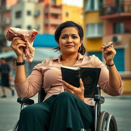 A strong woman in a wheelchair, confidently holding a piece of pork in one hand and a Quran in the other, while simultaneously smoking a cigarette