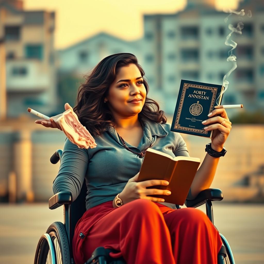 A strong woman in a wheelchair, confidently holding a piece of pork in one hand and a Quran in the other, while simultaneously smoking a cigarette
