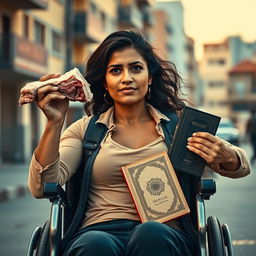 A strong woman in a wheelchair, confidently holding a piece of pork in one hand and a Quran in the other, while simultaneously smoking a cigarette