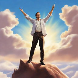 A high-quality digital art piece for a book cover, showing a man standing triumphantly atop a mountain, his arms raised in a gesture of victory