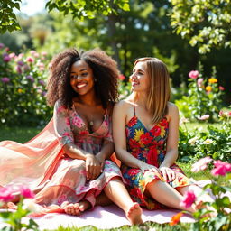 A visually captivating scene featuring two women in a lush garden setting