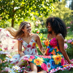 A visually captivating scene featuring two women in a lush garden setting
