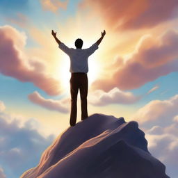 A high-quality digital art piece for a book cover, showing a man standing triumphantly atop a mountain, his arms raised in a gesture of victory