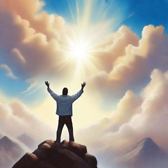 A high-quality digital art piece for a book cover, showing a man standing triumphantly atop a mountain, his arms raised in a gesture of victory