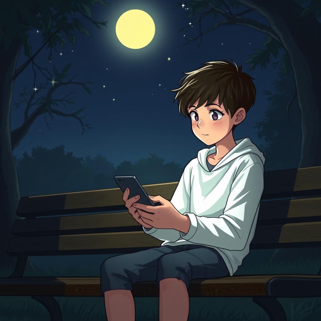 A young boy with expressive eyes sitting on a park bench at midnight, illuminated by soft moonlight