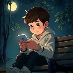 A young boy with expressive eyes sitting on a park bench at midnight, illuminated by soft moonlight