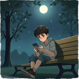 A young boy with expressive eyes sitting on a park bench at midnight, illuminated by soft moonlight