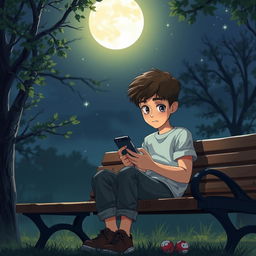 A young boy with expressive eyes sitting on a park bench at midnight, illuminated by soft moonlight