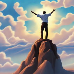 A high-quality digital art piece for a book cover, showing a man standing triumphantly atop a mountain, his arms raised in a gesture of victory