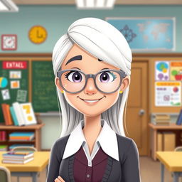 A cartoon animated character of a teacher with straight white hair styled neatly, wearing stylish silver eyeglasses