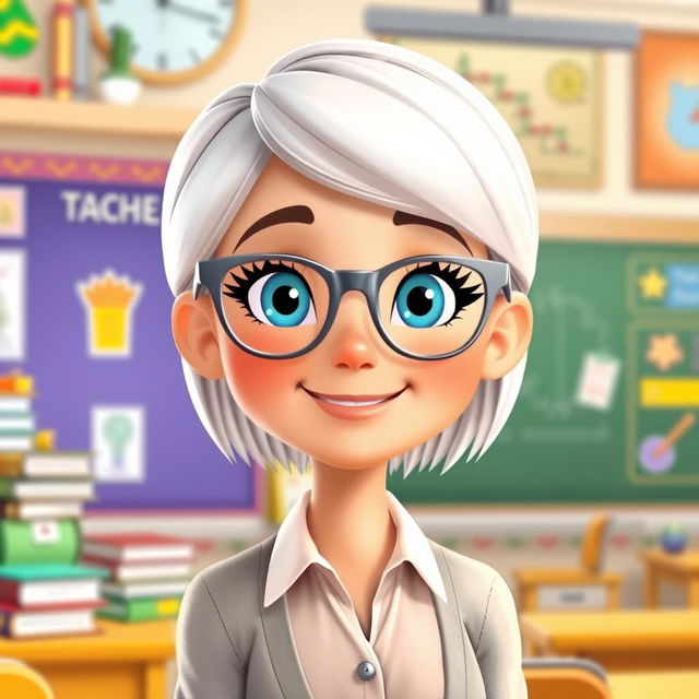 A cartoon animated character of a teacher with straight white hair styled neatly, wearing stylish silver eyeglasses