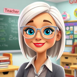 A cartoon animated character of a teacher with straight white hair styled neatly, wearing stylish silver eyeglasses