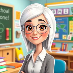 A cartoon animated character of a teacher with straight white hair styled neatly, wearing stylish silver eyeglasses