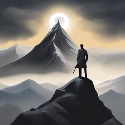 A high-quality digital art piece for a book cover, featuring a man standing victoriously atop a mountain