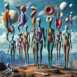 a collection of artistic representations of various abstract shapes and forms inspired by the human anatomy, featuring vibrant colors and intricate designs, set against a surreal landscape with dreamlike qualities