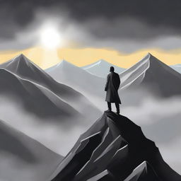 A high-quality digital art piece for a book cover, featuring a man standing victoriously atop a mountain