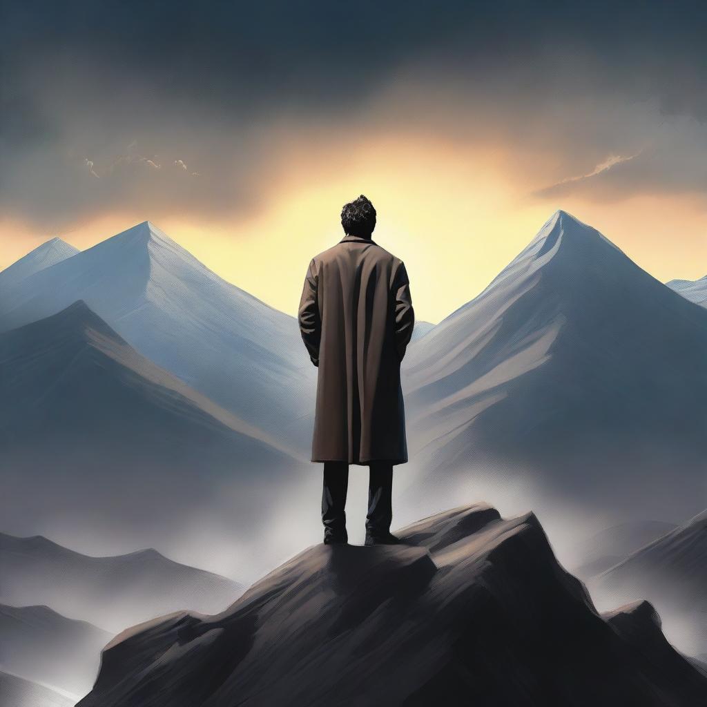 A high-quality digital art piece for a book cover, featuring a man standing victoriously atop a mountain