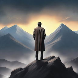 A high-quality digital art piece for a book cover, featuring a man standing victoriously atop a mountain