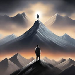 A high-quality digital art piece for a book cover, featuring a man standing victoriously atop a mountain