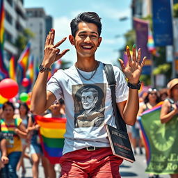 A modern depiction of José Rizal participating in a pride march in the Philippines, showcasing a twink-like build