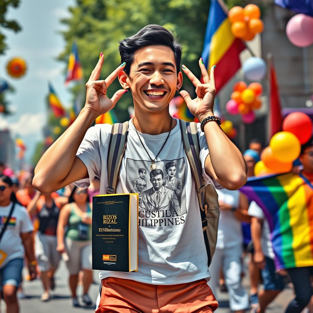 A modern depiction of José Rizal participating in a pride march in the Philippines, showcasing a twink-like build