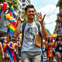 A modern depiction of José Rizal participating in a pride march in the Philippines, showcasing a twink-like build