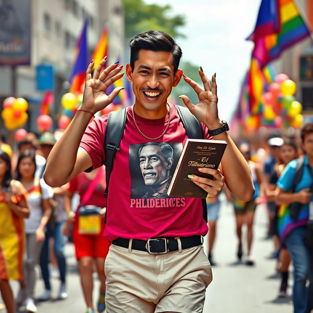 A modern depiction of José Rizal participating in a pride march in the Philippines, showcasing a twink-like build