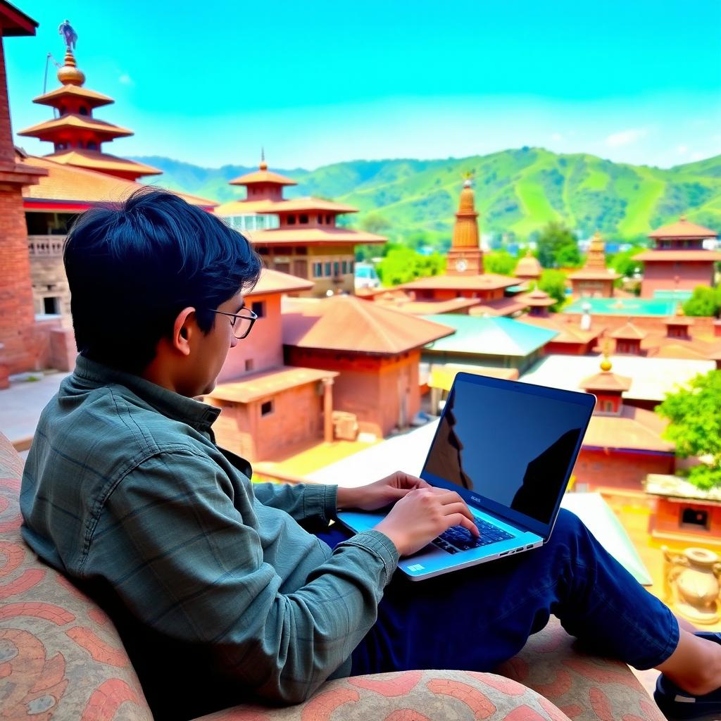 A person sitting in Kirtipur, Nepal, comfortably using a laptop