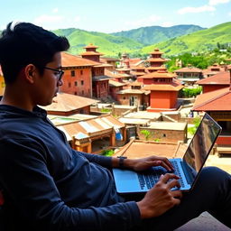 A person sitting in Kirtipur, Nepal, comfortably using a laptop