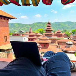 A person sitting in Kirtipur, Nepal, comfortably using a laptop