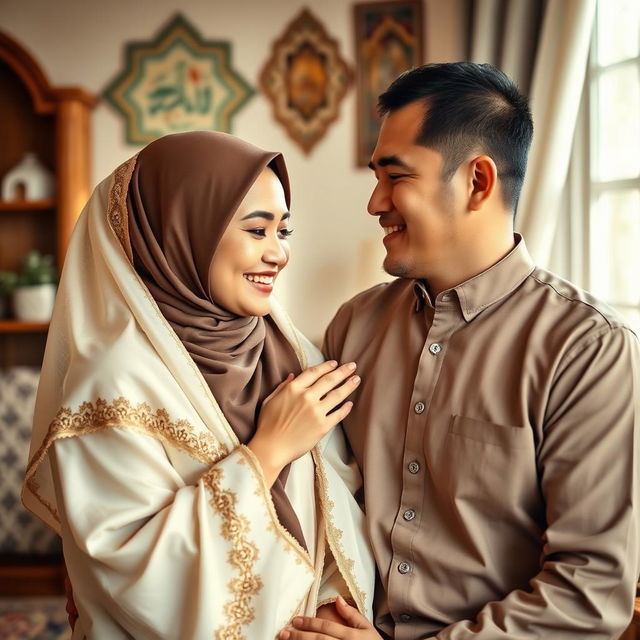 A loving Muslim couple engaged in a respectful and harmonious relationship, showcasing the wife's dedication to her husband through acts of kindness and devotion