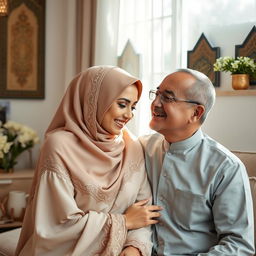 A loving Muslim couple engaged in a respectful and harmonious relationship, showcasing the wife's dedication to her husband through acts of kindness and devotion