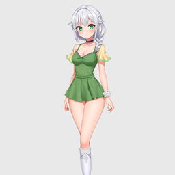 A stunning full body image of an anime girl character wearing a fashionable green v-neckline swimsuit featuring delicate lace sides