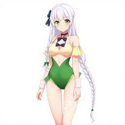 A stunning full body image of an anime girl character wearing a fashionable green v-neckline swimsuit featuring delicate lace sides