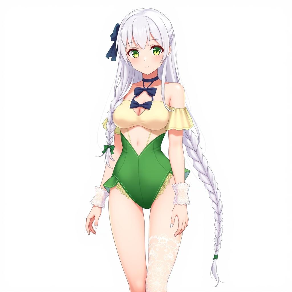 A stunning full body image of an anime girl character wearing a fashionable green v-neckline swimsuit featuring delicate lace sides