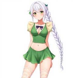 A stunning full body image of an anime girl character wearing a fashionable green v-neckline swimsuit featuring delicate lace sides