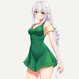 A stunning full body image of an anime girl character wearing a fashionable green v-neckline swimsuit featuring delicate lace sides