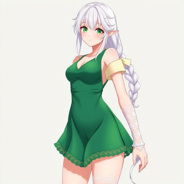 A stunning full body image of an anime girl character wearing a fashionable green v-neckline swimsuit featuring delicate lace sides
